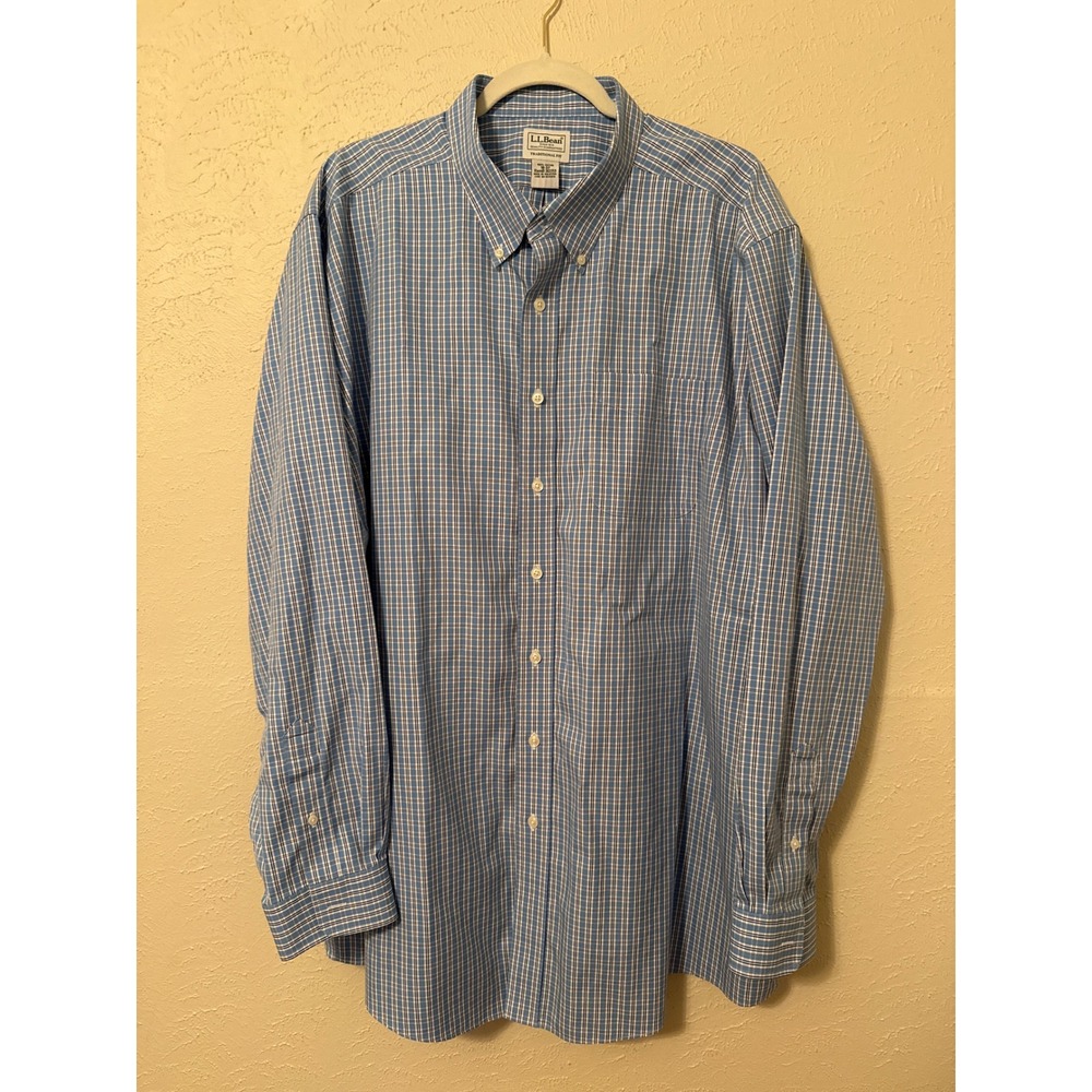 LL Bean Mens Traditional Fit Plaid Button Down Short Blue White Cotton 18-37